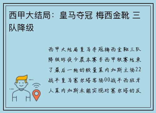 西甲大结局：皇马夺冠 梅西金靴 三队降级